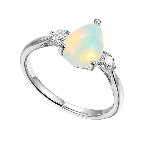 Platinum Claw Set Round Diamond and Pear Opal 3 Stone Ring