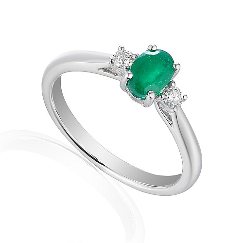 Claw Set Oval Emerald and Brilliant Cut Diamond 3 Stone Ring