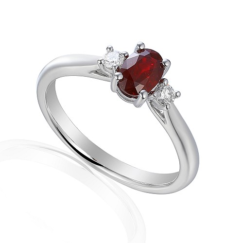 Claw Set Oval Ruby and Brilliant Cut Diamond 3 Stone Ring