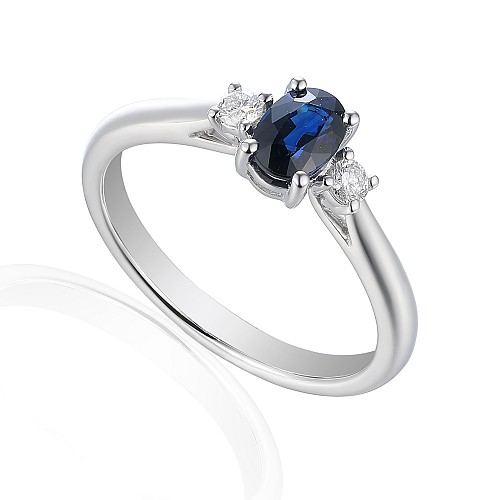 Claw Set Oval Blue Sapphire and Brilliant Cut Diamond 3 Stone Ring