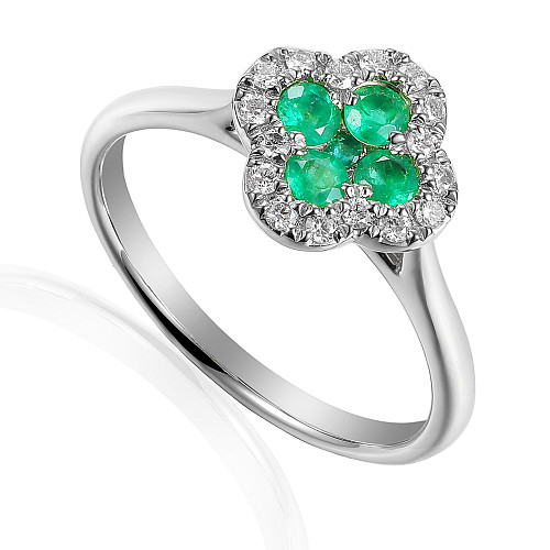 Green Emerald and Round Brilliant Cut Diamond Cluster Ring