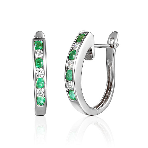 Channel Set Round Emerald & Round Diamond Huggie Hoop Earrings