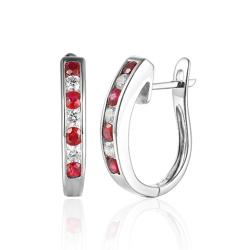 Channel Set Round Ruby & Round Diamond Huggie Hoop Earrings