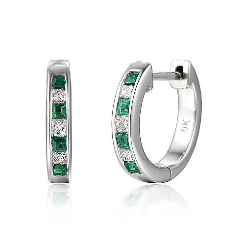 Channel Set Princess Cut Emerald & Diamond Hoop Earrings