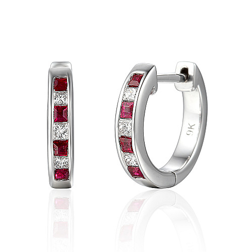 Channel Set Princess Cut Ruby & Diamond Hoop Earrings