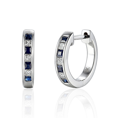 Channel Set Round Brilliant Cut Blue Sapphire & Diamond Hoop Earrings