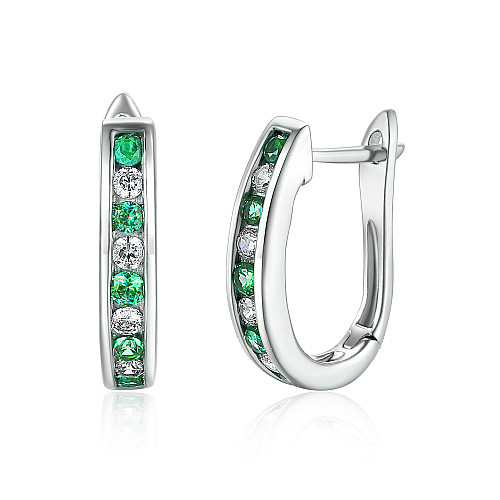 Channel Set Round Brilliant Cut Emerald & Diamond Hoop Earrings