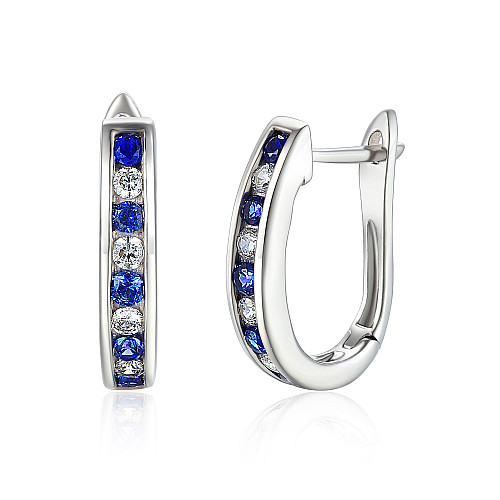 Channel Set Round Brilliant Cut Blue Sapphire & Diamond Hoop Earrings