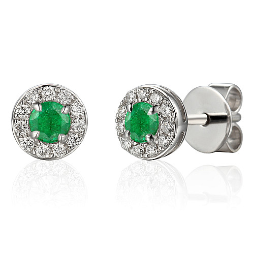 Round Brilliant Cut Emerald and Diamond Claw Set Halo Earrings