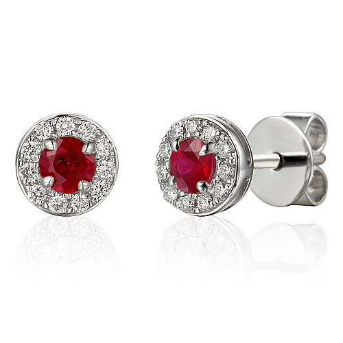 Round Brilliant Cut Ruby and Diamond Claw Set Halo Earrings