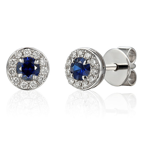 Round Brilliant Cut Blue Sapphire and Diamond Claw Set Halo Earrings