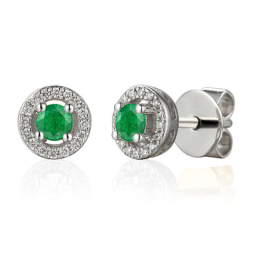 Round Brilliant Cut Emerald and Diamond Claw Set Halo Earrings