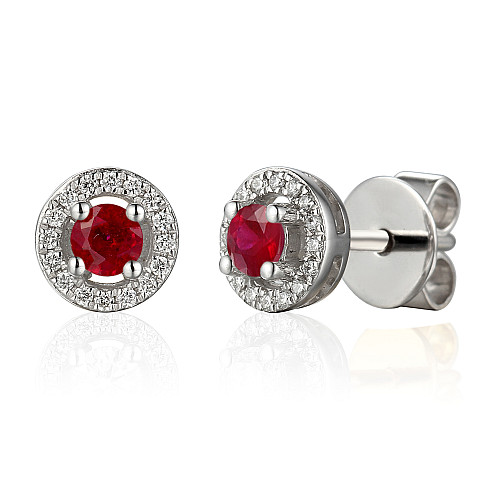 Round Brilliant Cut Ruby and Diamond Claw Set Halo Earrings