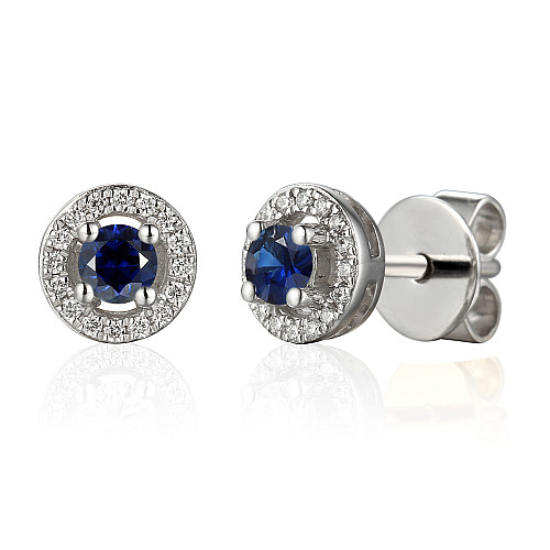 Round Brilliant Cut Blue Sapphire and Diamond Claw Set Halo Earrings