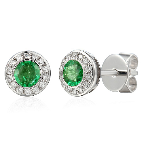 Round Brilliant Cut Emerald and Diamond Rubover Set Halo Earrings