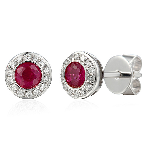 Round Brilliant Cut Ruby and Diamond Rubover Set Halo Earrings