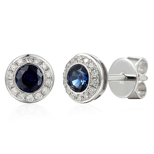 Round Brilliant Cut Blue Sapphire and Diamond Rubover Set Halo Earrings