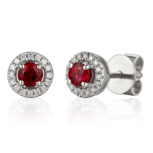 Round Brilliant Cut Ruby and Diamond Claw Set Halo Earrings