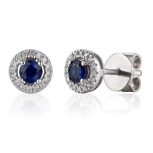 Round Brilliant Cut Blue Sapphire and Diamond Claw Set Halo Earrings