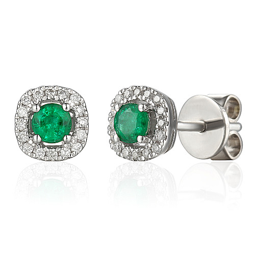 Round Brilliant Cut Emerald and Diamond Claw Set Halo Earrings