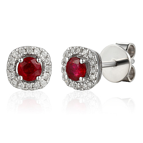 Round Brilliant Cut Ruby and Diamond Claw Set Halo Earrings