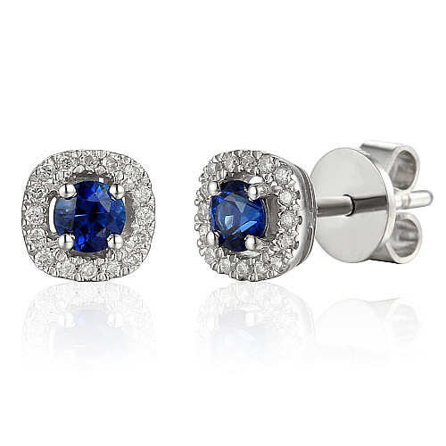 Round Brilliant Cut Blue Sapphire and Diamond Claw Set Halo Earrings