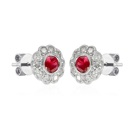 Round Brilliant Cut Ruby and Diamond Rubover Set Millgrain Setting Cluster Earrings