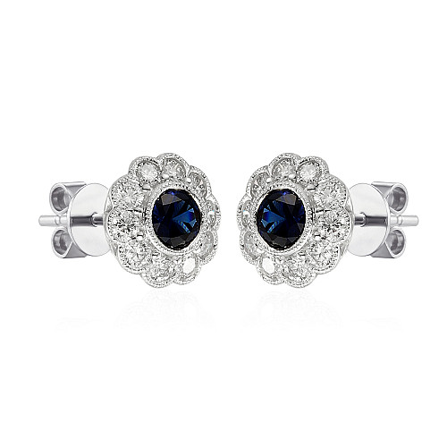 Round Brilliant Cut Blue Sapphire and Diamond Rubover Set Millgrain Setting Cluster Earrings
