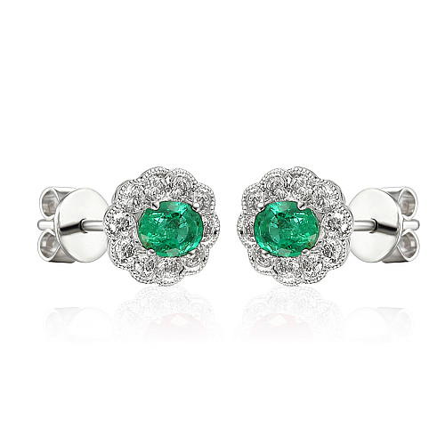 Oval Cut Emerald and Round Brilliant Cut Diamond Claw Set Millgrain Setting Cluster Earrings