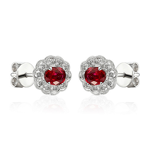 Oval Cut Ruby and Round Brilliant Cut Diamond Claw Set Millgrain Setting Cluster Earrings