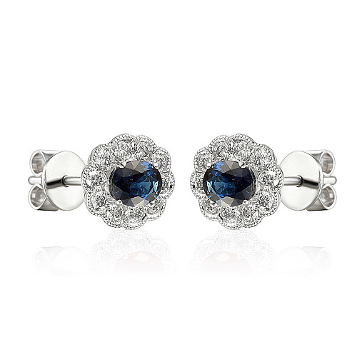 Oval Cut Blue Sapphire and Round Brilliant Cut Diamond Claw Set Millgrain Setting Cluster Earrings