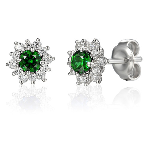 Round Brilliant Cut Emerald & Diamond Cluster Earrings
