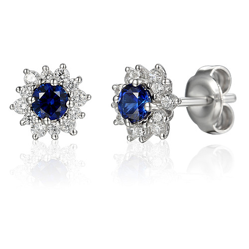 Round Brilliant Cut Blue Sapphire & Diamond Cluster Earrings