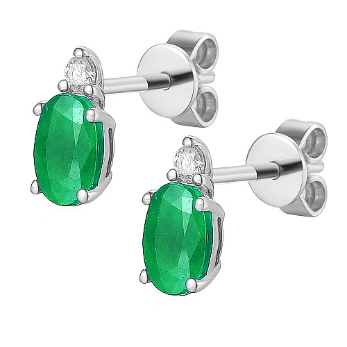 Oval Cut Emerald with Round Brilliant Cut Diamond Claw Set Drop Earrings