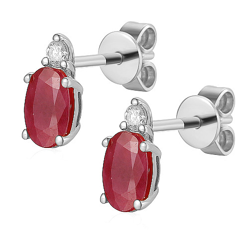 Oval Cut Ruby with Round Brilliant Cut Diamond Claw Set Drop Earrings