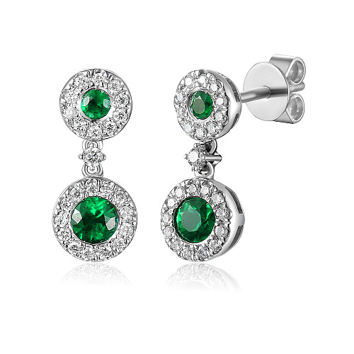 Round Brilliant Cut Emerald & Diamond Drop Halo Earrings