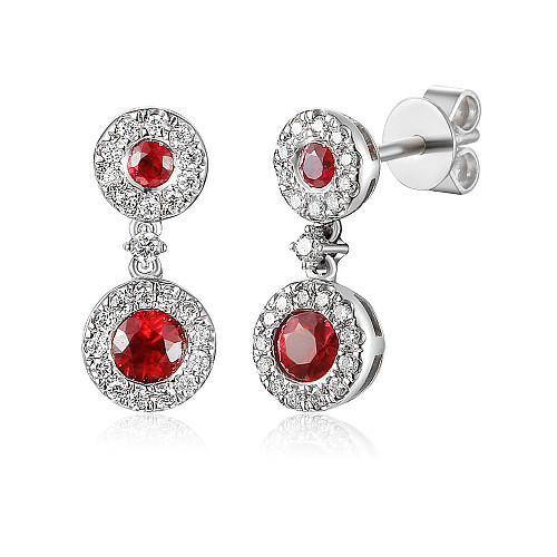 Round Brilliant Cut Ruby & Diamond Drop Halo Earrings