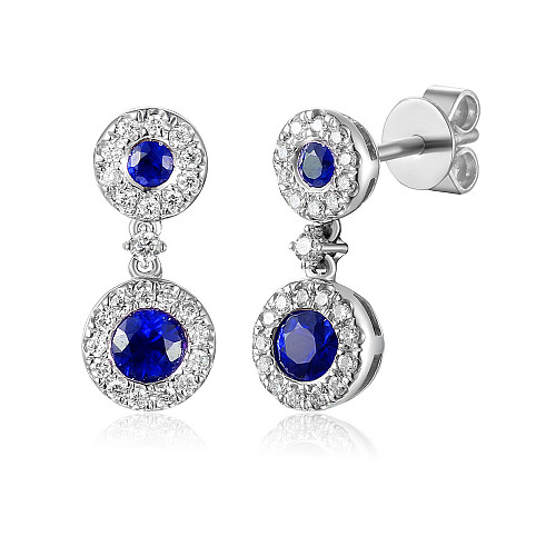 Round Brilliant Cut Blue Sapphire & Diamond Drop Halo Earrings