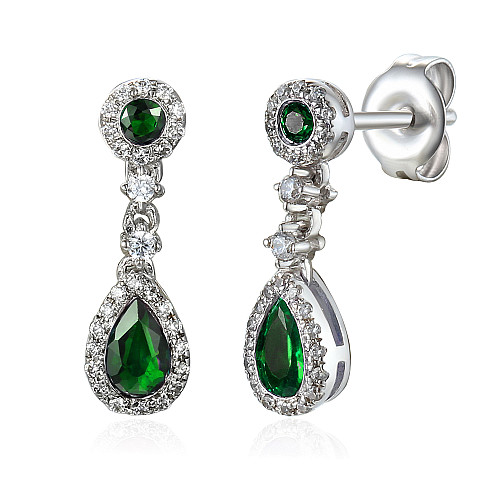 Pear Shape Emerald & Round Brilliant Cut Diamond Vintage Drop Earrings