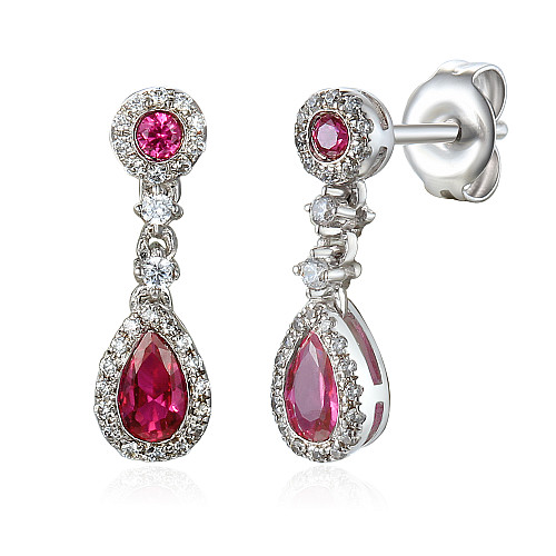 Pear Shape Ruby & Round Brilliant Cut Diamond Vintage Drop Earrings