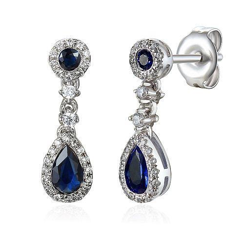 Pear Shape Blue Sapphire & Round Brilliant Cut Diamond Vintage Drop Earrings