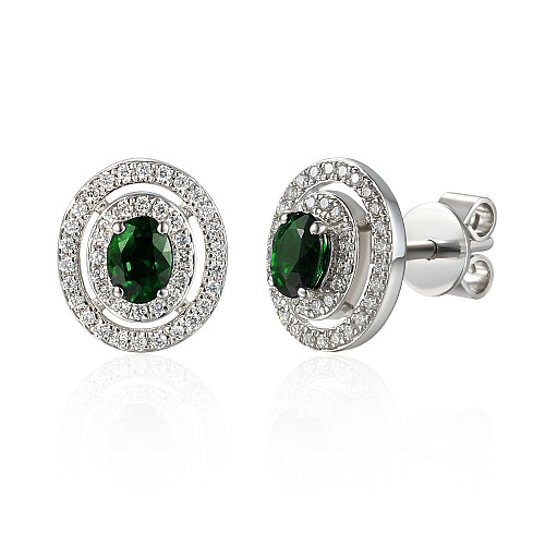 Oval Emerald & Round Brilliant Cut Diamond Double Halo Earrings