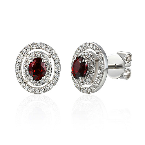 Oval Ruby & Round Brilliant Cut Diamond Double Halo Earrings