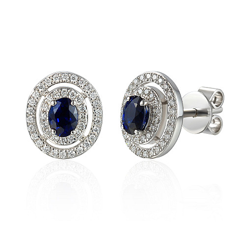 Oval Blue Sapphire & Round Brilliant Cut Diamond Double Halo Earrings
