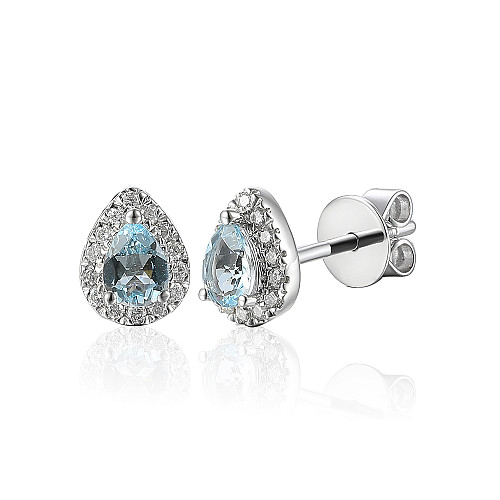 Claw Set Pear Cut Aquamarine & Micro Set Round Diamond Halo Earrings