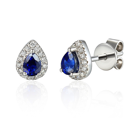Pear Shape Blue Sapphire & Round Brilliant Cut Diamond Halo Earrings