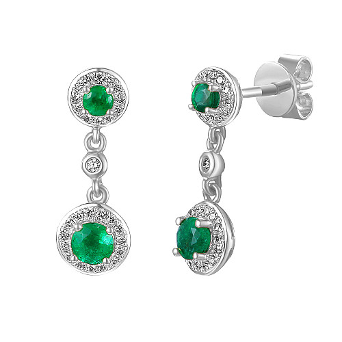 Round Brilliant Cut Emerald & Diamond Drop Halo Earrings