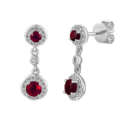 Round Brilliant Cut Ruby & Diamond Drop Halo Earrings