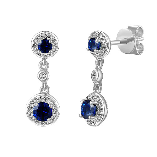 Round Brilliant Cut Blue Sapphire & Diamond Drop Halo Earrings