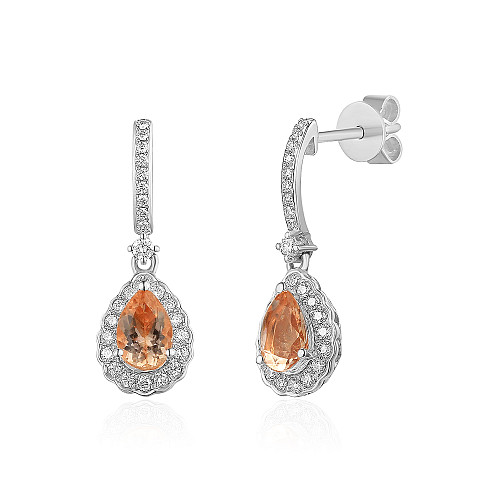 Pear Shape Morganite & Round Brilliant Cut Diamond Drop Earrings
